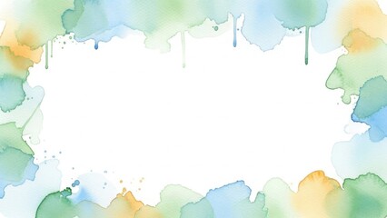 Fototapeta premium Soft Watercolor Frame with Blue Green and Orange Splashes around Empty White Copy Space