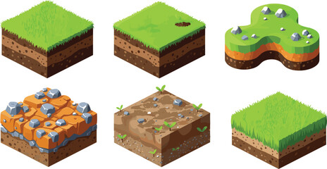 Cartoon isometric terrain blocks set with grassy soil, rocky ground, floating island and farmland with sprouts, perfect for game maps, strategy levels and UI design. © Alexander