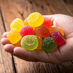 A hand holds a colorful assortment of sugared, fruit-flavored jellies