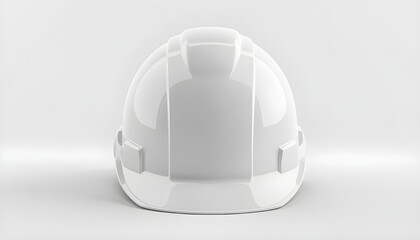 A white hard hat sitting on a plain surface with a clean and minimalist background