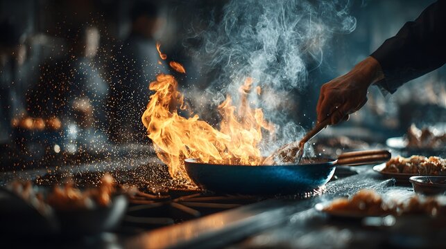 Action shot of a chef cooking with a dramatic flamb&eacute; effect shows large flames rising from a blue frying pan with sparks flying in the dark.