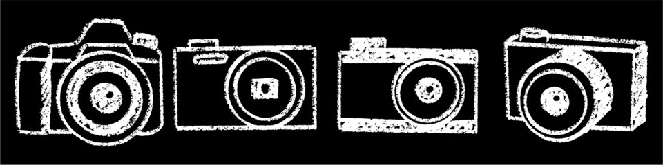 Fototapeta premium Set editable chalk drawing camera vector for educational media projects. Ideal for school photography clubs and blackboard art. Symbolizes creative learning, capturing moments, and student vision.