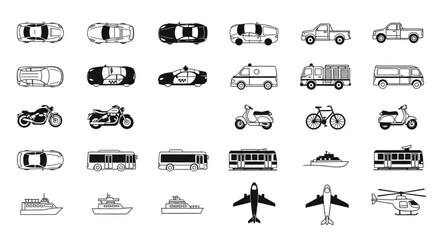 Collection of diverse transportation vehicles in a grid layout. © emo