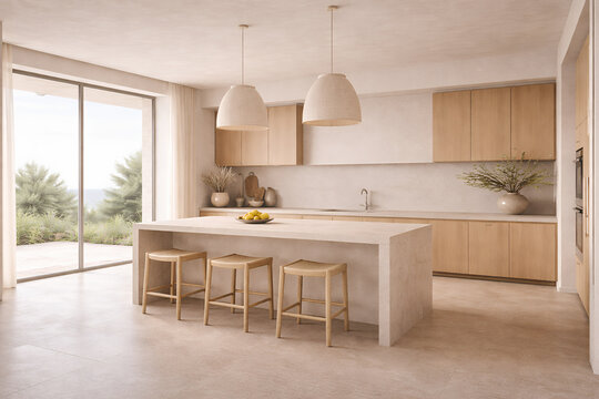 A modern, minimalist kitchen with light wood cabinetry, a large stone island with three stools, and a panoramic window overlooking a lush, green landscape.