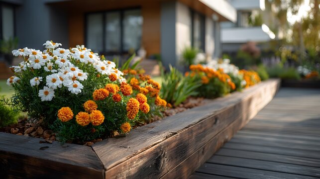 Beautifully landscaped front yard garden bed features white and orange autumn flowers with a grey wooden retaining wall and a blurred house.
