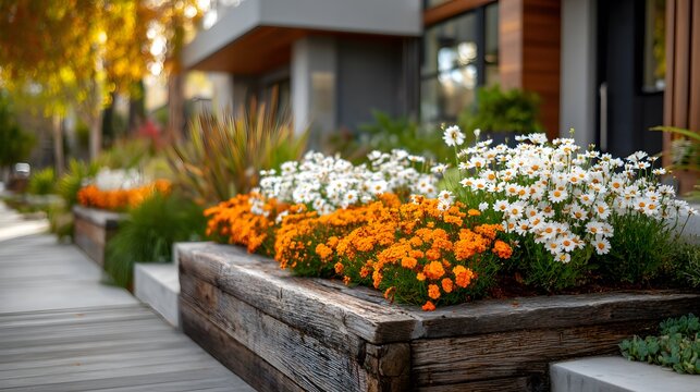 Beautifully landscaped front yard garden bed features white and orange autumn flowers with a grey wooden retaining wall and a blurred house.