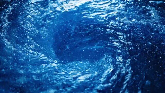 Dynamic deep blue water vortex with swirling ripples and bubbles, creating a powerful and mesmerizing natural phenomenon, captured in high-speed motion.