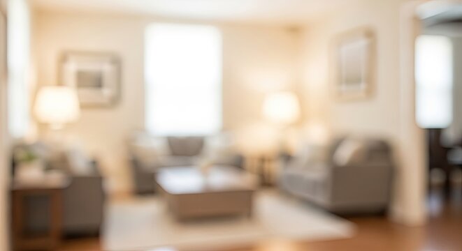 Blurred background of a modern living room with comfortable furniture and warm lighting.