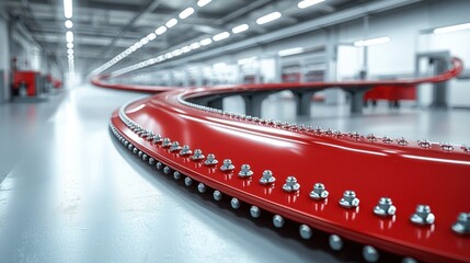 A sleek, red conveyor belt curves through a spacious, modern industrial facility