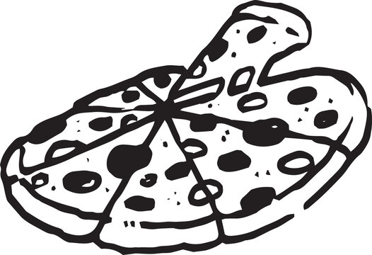 Hand drawn pizza doodles PNG transparent background. Vector illustration of fast food icons in naive art style. Line drawing pizza for menu, branding, food shop, cafe, restaurant