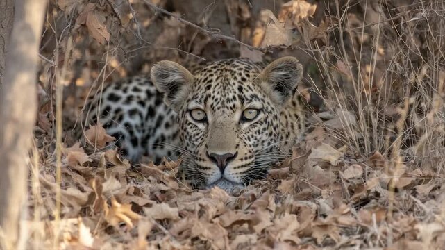 A leopard lies camouflaged in dry leaves, eyes intense, focus on the viewer