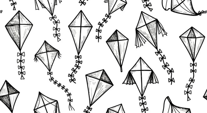 Drawn Kites Seamless Pattern Illustration, Many Flying Kites Hand Drawn