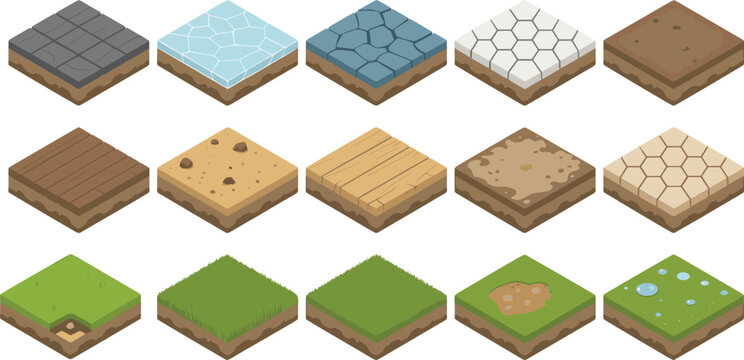Isometric ground terrain tiles set with stone, ice, snow, sand, wood, dirt and grass blocks, perfect for game maps, level design and tilesets.
