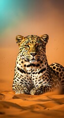 Naklejka premium Leopard Lying Down in Sandy Landscape.