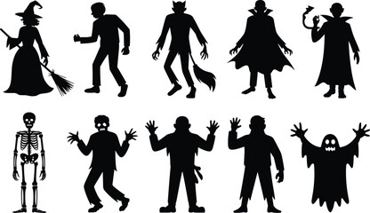 Obraz premium Collection of ten black silhouettes of Halloween monsters and characters on a white background spooky