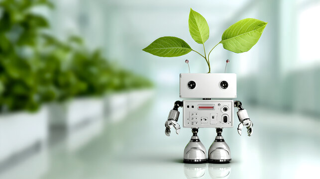 Eco Friendly White Medical Robot With Green Leaf Antennas In Hospital Lobby

