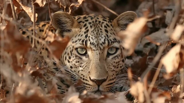 A leopard peers through fallen leaves, staring forward. Eye-level, head shot, camouflaged