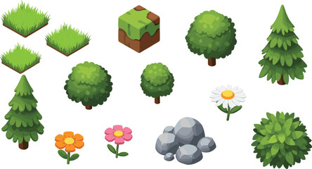 Set of cartoon isometric nature elements including grass tiles, trees, bushes, rocks, and flowers, perfect for game assets, fantasy maps, and UI design. © Alexander