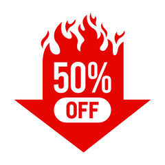 Plakat Fire hot banner arrow up, down, left, right, 10%. 20%, 30%, 40%, 50% off label set. Best choice, order now, special offer, new, big, sale, deal, badge, ribbon, tag, sticker. Vector illustration.