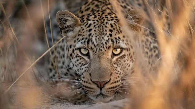 Close-up of leopard face, alert, camouflaged in tall grasses, golden eyes
