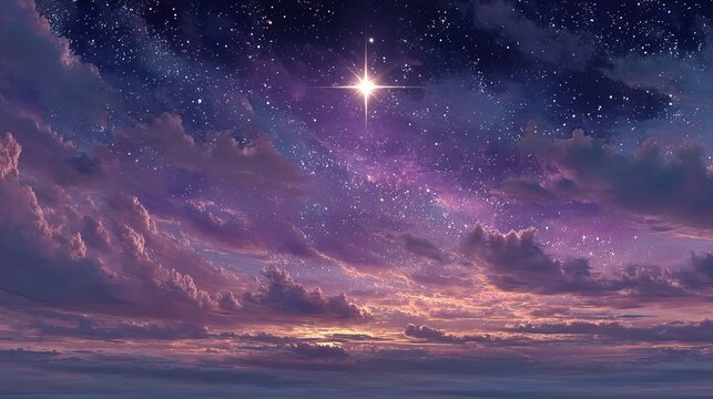 A breathtaking twilight sky featuring layers of purple and pink clouds beneath a deep violet firmament filled with shimmering stars and a single, brilliant North Star. 
