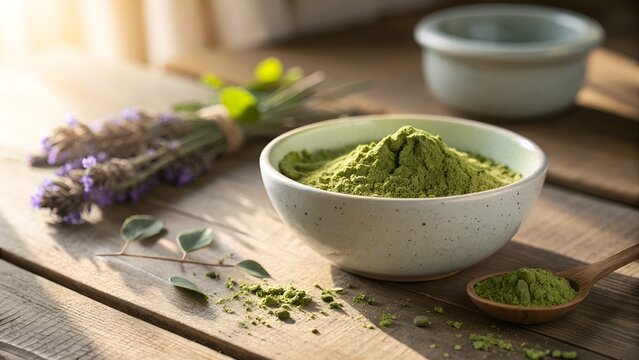 Natural Green Herbal Powder in White Bowl on Rustic Wooden Table with Lavende