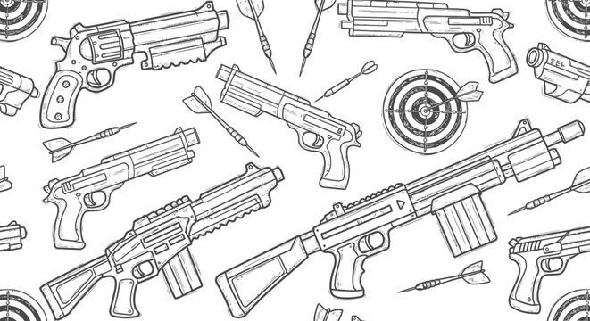 Various firearms and darts pattern illustration in a white background