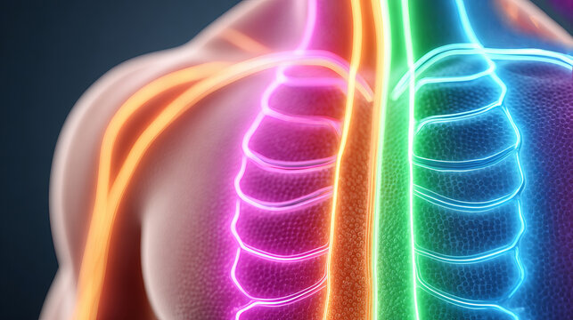 close-up digital 3D illustration of a human back with a glowing rainbow energy spine and neural pathways, symbolizing spinal health, chakra alignment, and nervous system vitality.