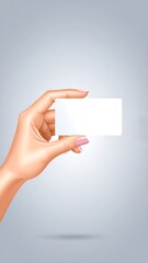 A hand, with manicured nails, holding a blank, white card