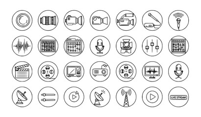 Minimal Black Line Audiovisual Production Icons in Circular Outline Style
