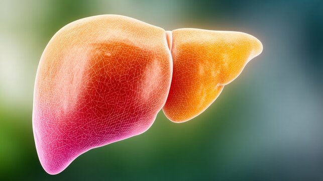 A realistic 3D medical illustration of a human liver, showing its lobular structure and smooth texture against a soft, out-of-focus natural background.