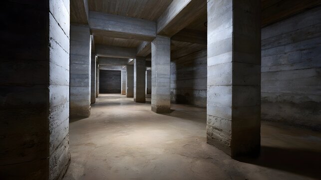 Underground concrete structure with columns and beams creating a geometric and atmospheric interior space