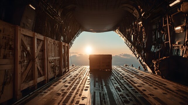 Interior view of a military transport aircraft cargo hold looks out the open ramp at sunset with a large wooden crate on the metal floor.