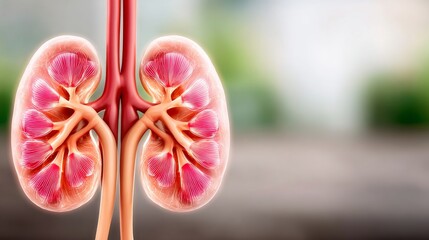 Anatomical 3D cross-section of human kidneys showing internal structures like the renal cortex and medulla, presented in a clean, professional medical visualization style.