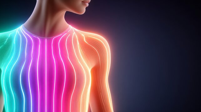 A futuristic silhouette of a person wearing a garment composed of glowing neon fiber optic lines in cyan, pink, and orange against a dark background.