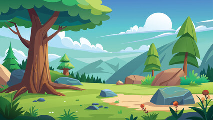 Obraz premium A vibrant landscape illustration featuring lush green trees mountains and a clear blue sky high-quality