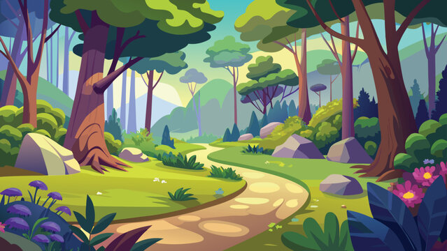 A winding pathway leads through a vibrant stylized forest with lush green trees and foliage