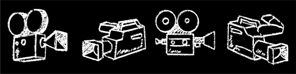 Obraz premium Set editable chalk drawing filming camera vector for cinema studies. Ideal for blackboard movie schedules and student film projects. Symbolizes directing, video production, and visual storytelling.