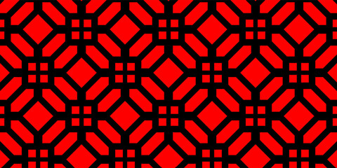 Abstract repeating geometric pattern with bold red zigzag shapes on a black background. The seamless design creates a striking, high-contrast visual with a modern and edgy look.