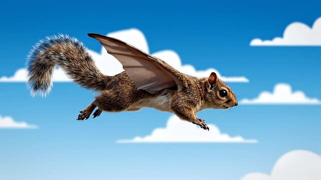 Flying Squirrel Gliding Through Bright Sky Clouds.