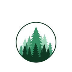 Obraz premium Icon set of green pine trees in a circle, representing nature and forestry