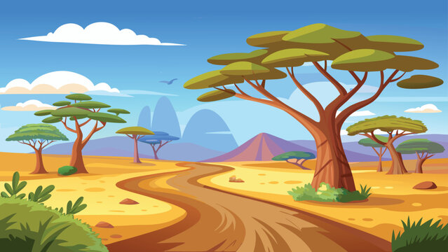 A vibrant cartoon illustration depicts an african savanna landscape with trees and a path high-quality