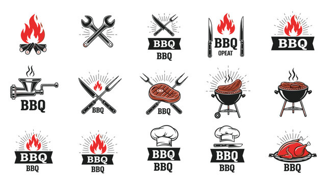 Comprehensive set of barbecue themed logos and icons features grills, meat, chef hats, fire, and cooking utensils in a vintage monochromatic style.