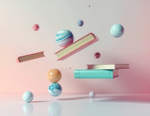 Surreal 3D composition of floating books and colorful pastel spheres against a soft pink background, representing imagination and creative learning