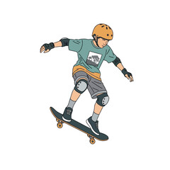 Obraz premium Skateboarder in protective gear performing action on white background