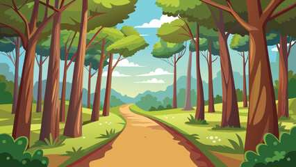 A winding dirt path leads through a lush vibrant forest of tall green trees high-quality © CreativeKamrul