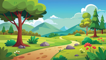 Obraz premium A vibrant cartoon landscape depicts lush green trees rolling hills and a winding dirt path