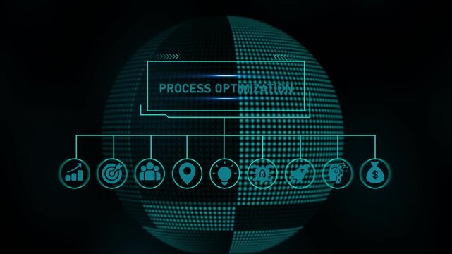 Futuristic digital globe with representing business strategy and technology concepts on a black background with teal grid and symbols with process optimization.