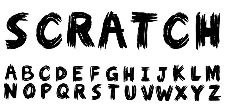 editable hand drawn scratch font vector for alternative typography. Ideal for punk posters, horror titles, and edgy apparel graphics. Symbolizes raw emotion, chaotic messaging, and rough expression.