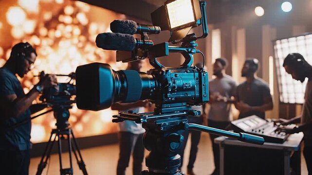 Professional camera crew capturing a scene with a large camera on a studio set with people working together